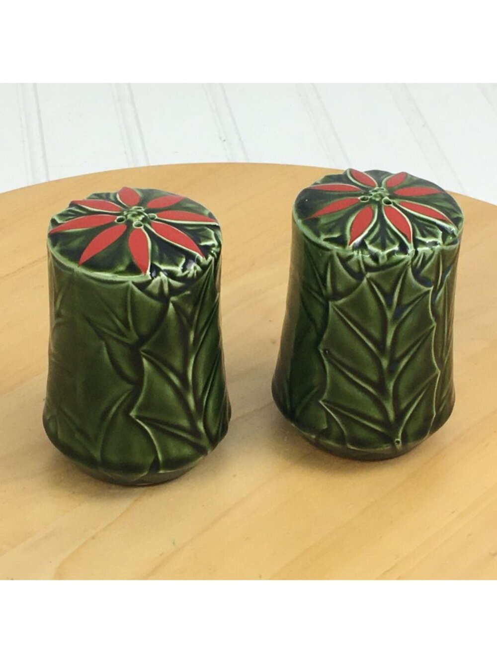 Vintage Enesco Christmas Holly and Red Poinsettia Salt and Pepper Shakers